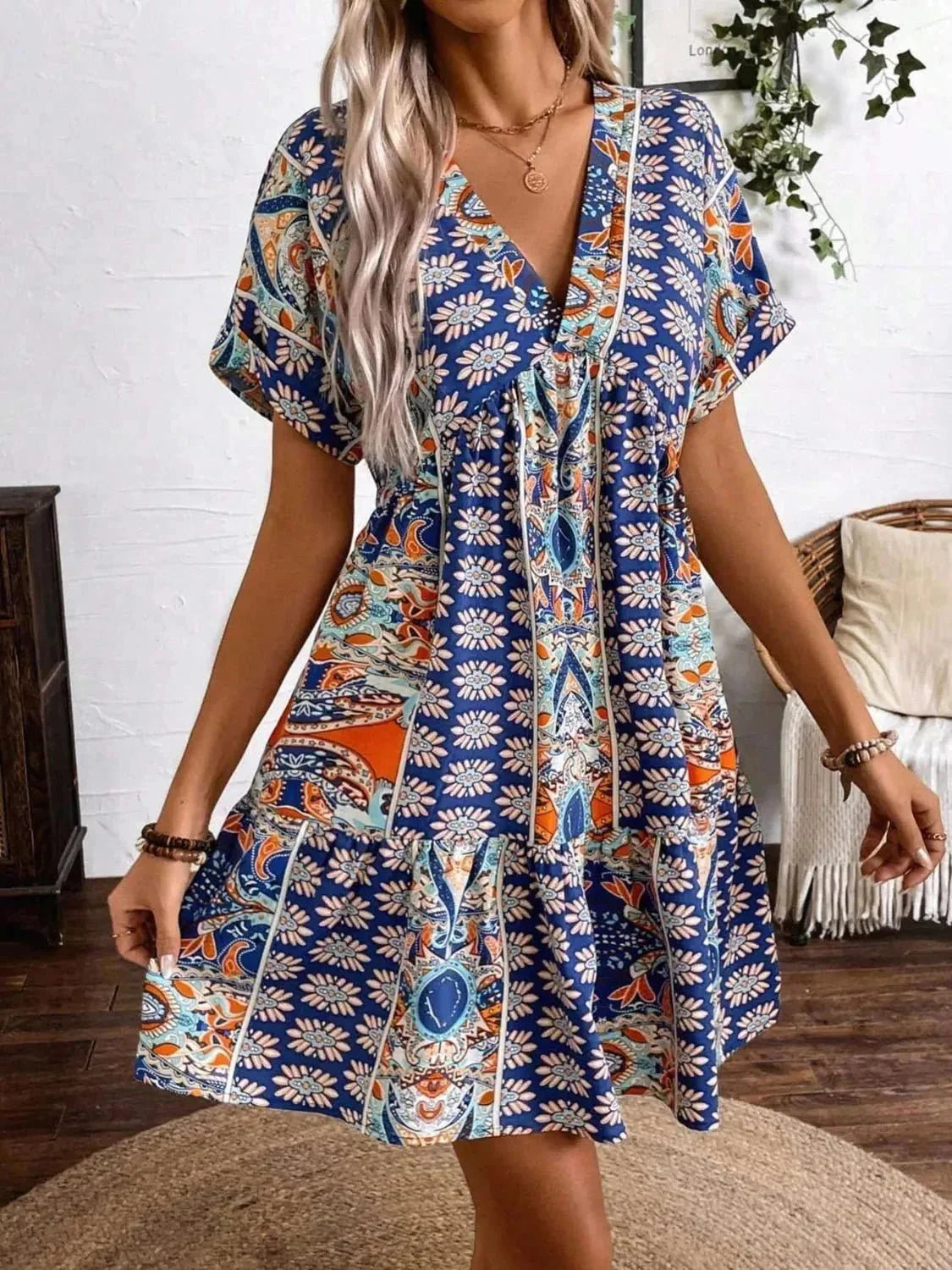 Printed V - Neck Short Sleeve Dress - VILLA FASHION