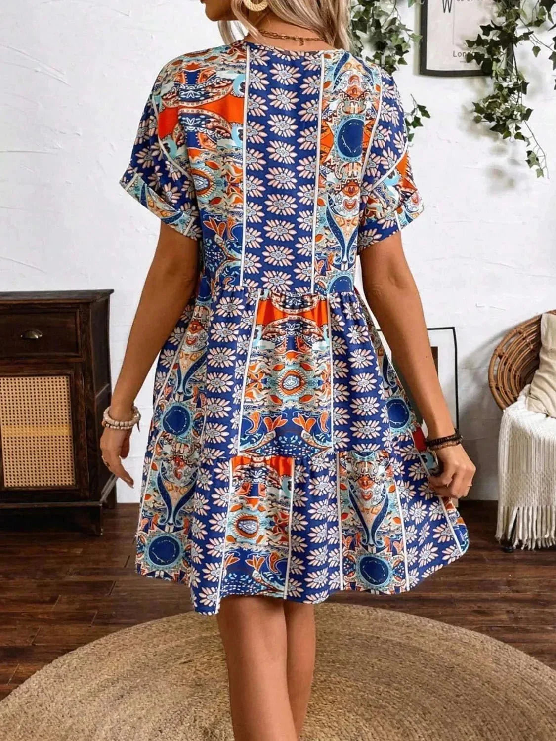 Printed V - Neck Short Sleeve Dress - VILLA FASHION