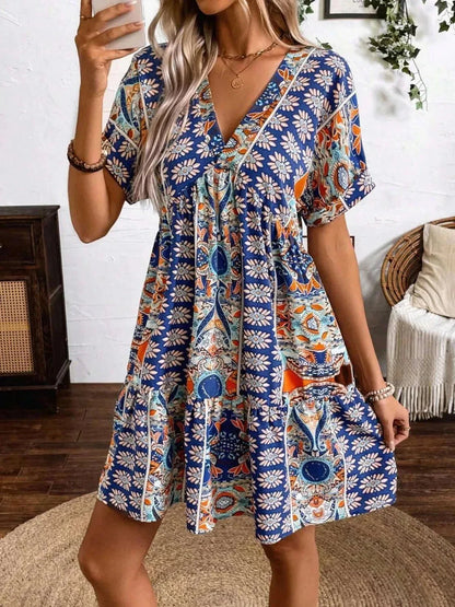 Printed V - Neck Short Sleeve Dress - VILLA FASHION