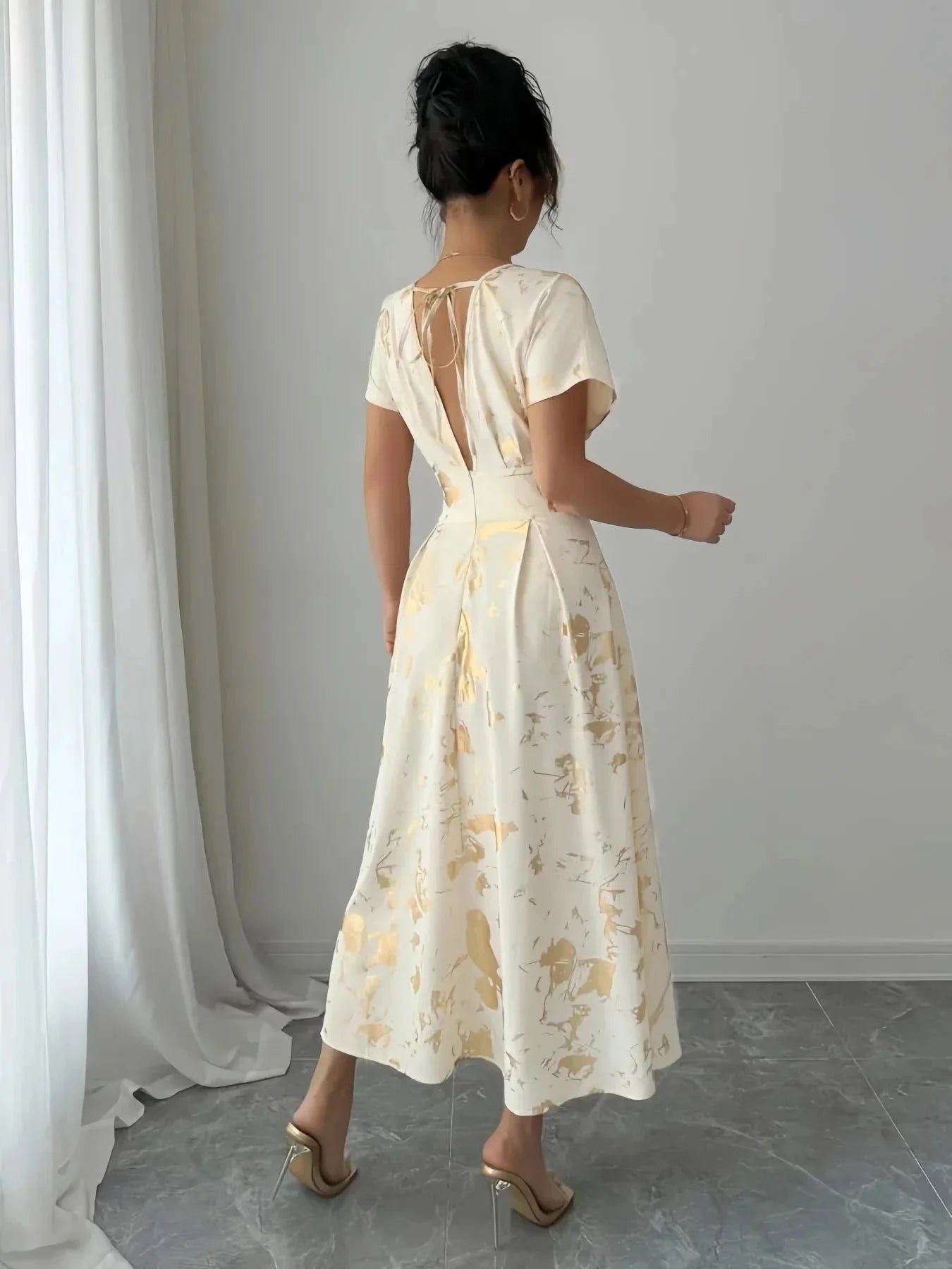 Printed V - Neck Short Sleeve Dress - VILLA FASHION