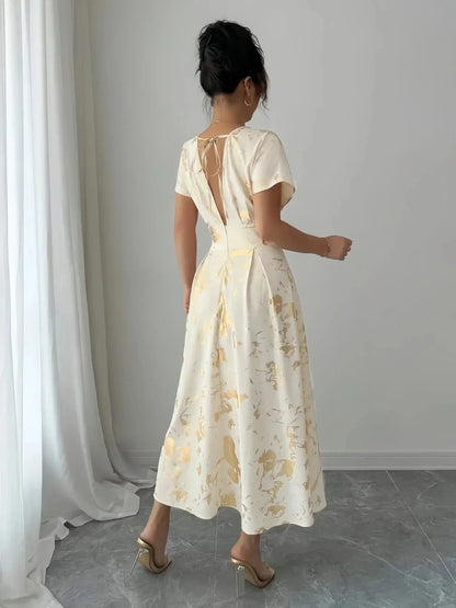 Printed V - Neck Short Sleeve Dress - VILLA FASHION