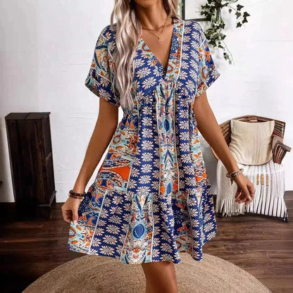 Printed V - Neck Short Sleeve Dress - VILLA FASHION