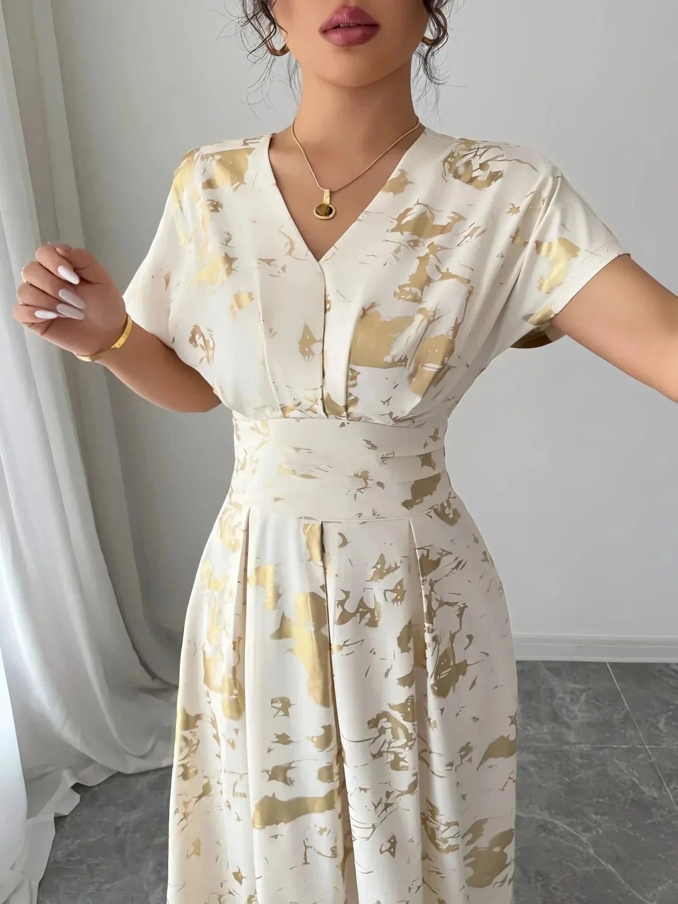 Printed V - Neck Short Sleeve Dress - VILLA FASHION