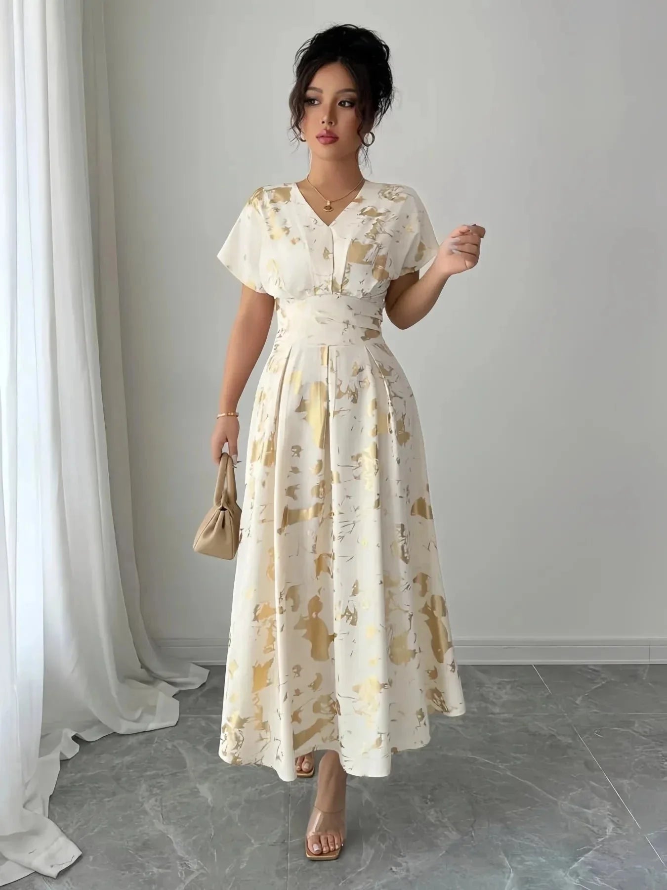 Printed V - Neck Short Sleeve Dress - VILLA FASHION