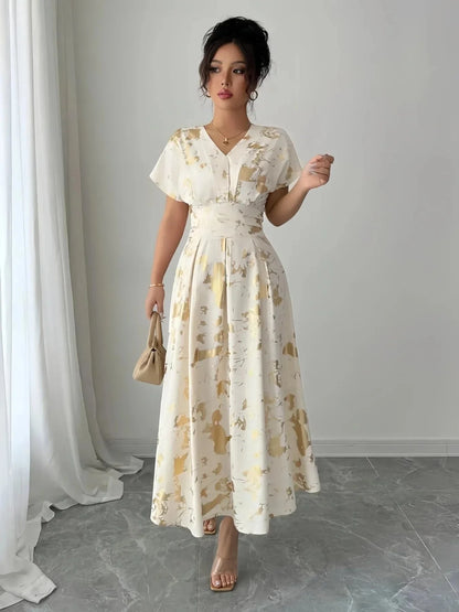 Printed V - Neck Short Sleeve Dress - VILLA FASHION