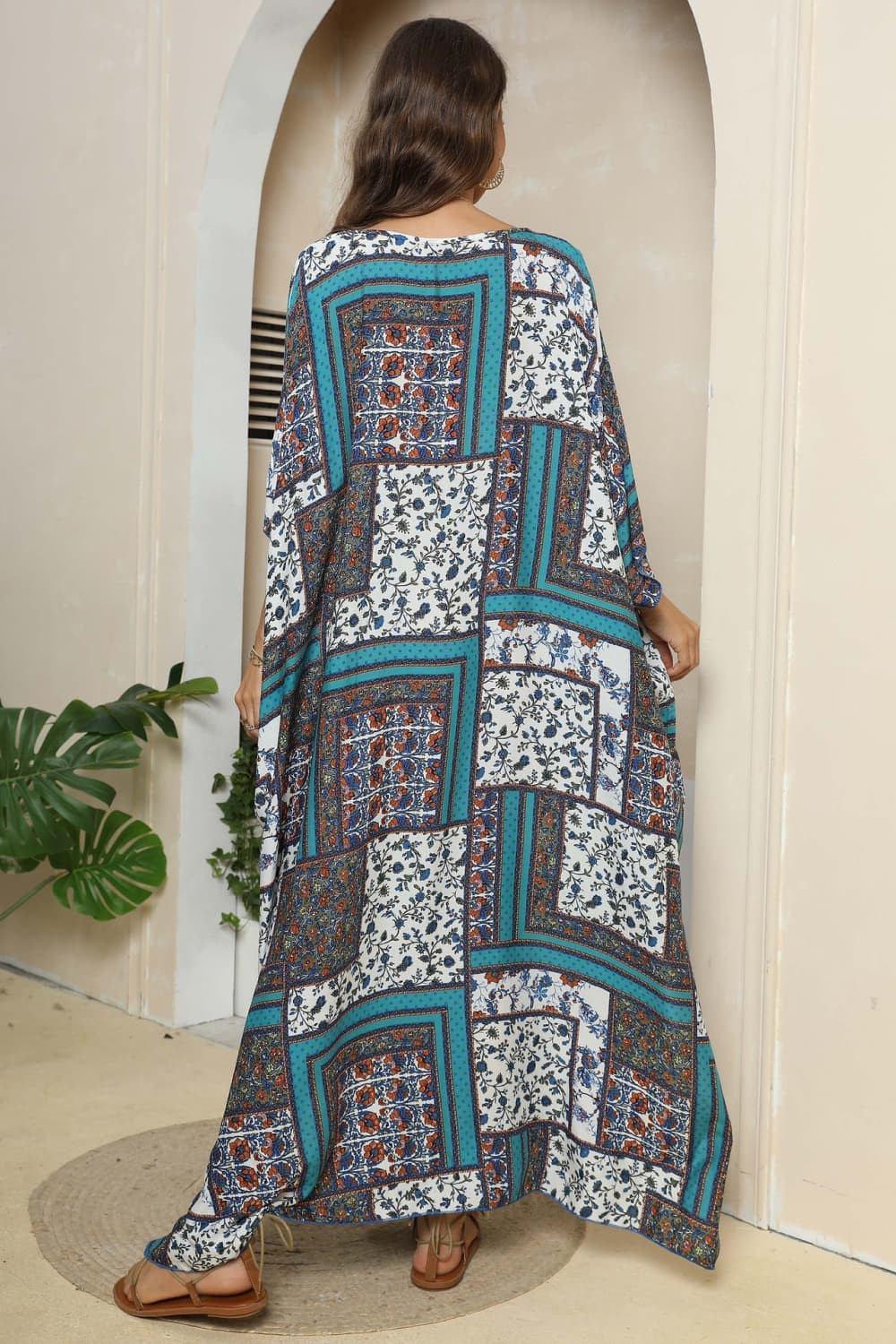 Printed V - Neck Split Maxi Dress - VILLA FASHION