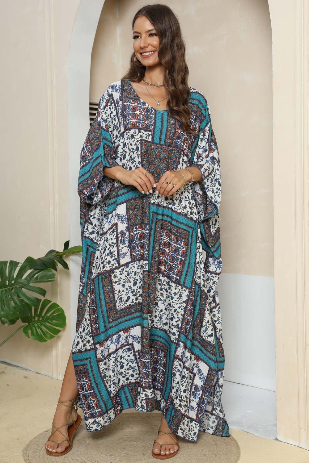 Printed V - Neck Split Maxi Dress - VILLA FASHION