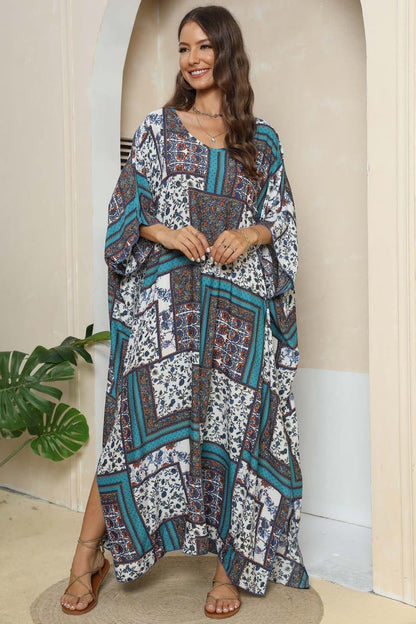 Printed V - Neck Split Maxi Dress - VILLA FASHION