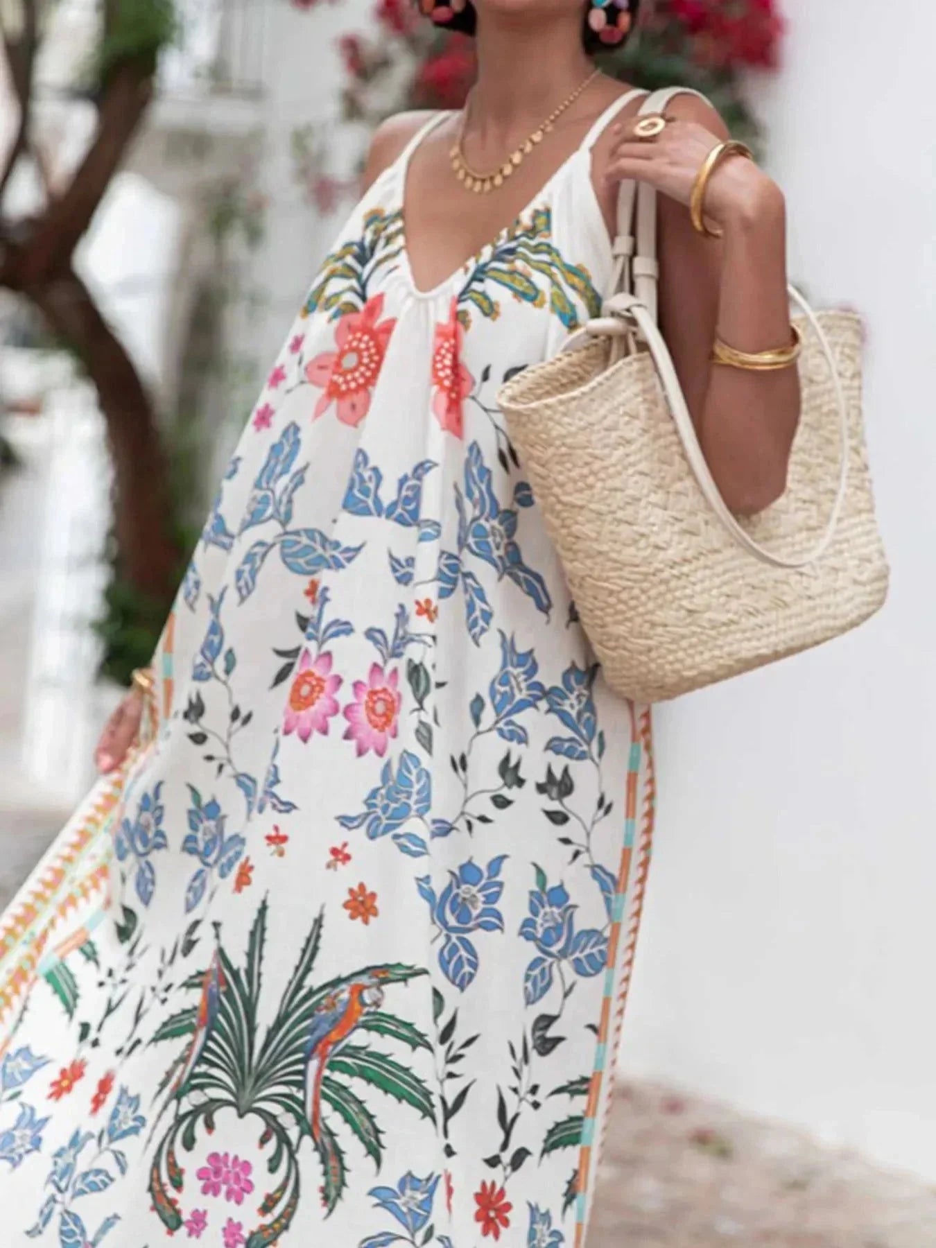 Printed V - neck Summer Maxi Dress - VILLA FASHION