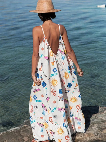 Printed V - neck Summer Maxi Dress - VILLA FASHION