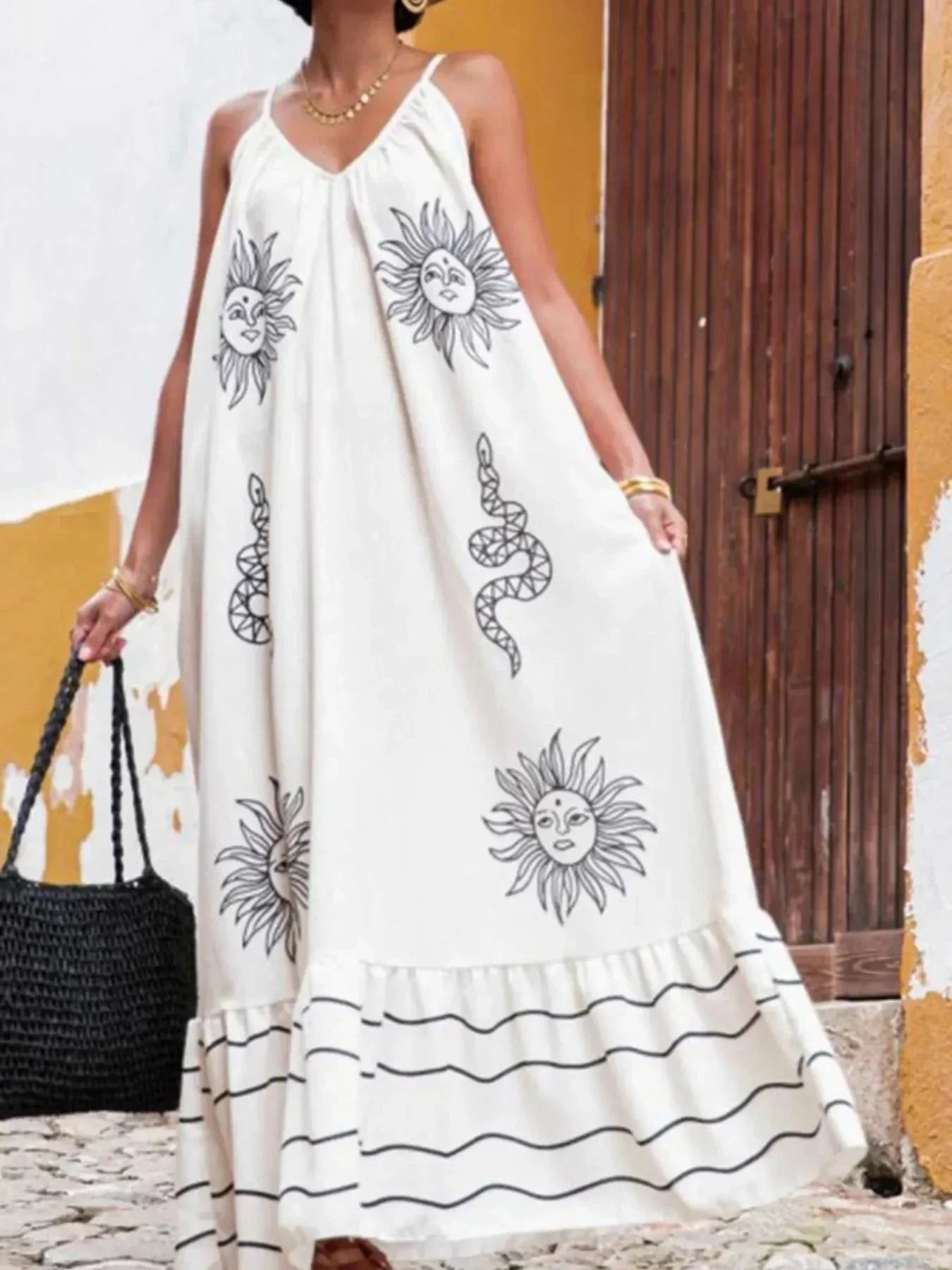 Printed V - neck Summer Maxi Dress - VILLA FASHION