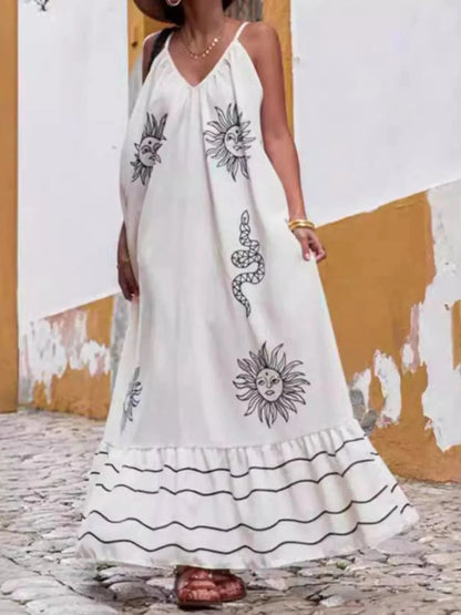 Printed V - neck Summer Maxi Dress - VILLA FASHION