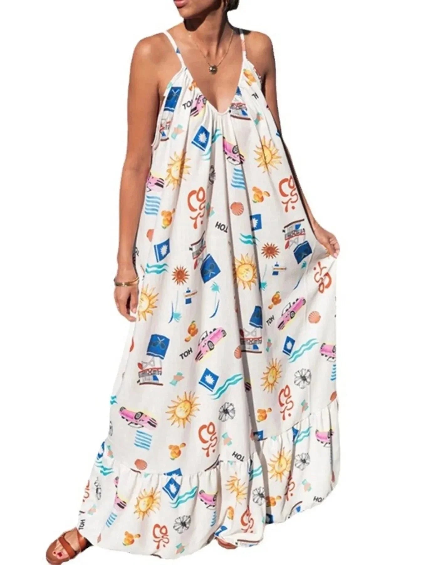 Printed V - neck Summer Maxi Dress - VILLA FASHION