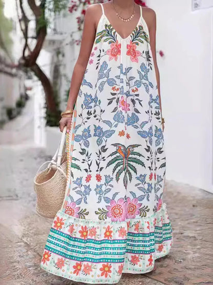 Printed V - neck Summer Maxi Dress - VILLA FASHION
