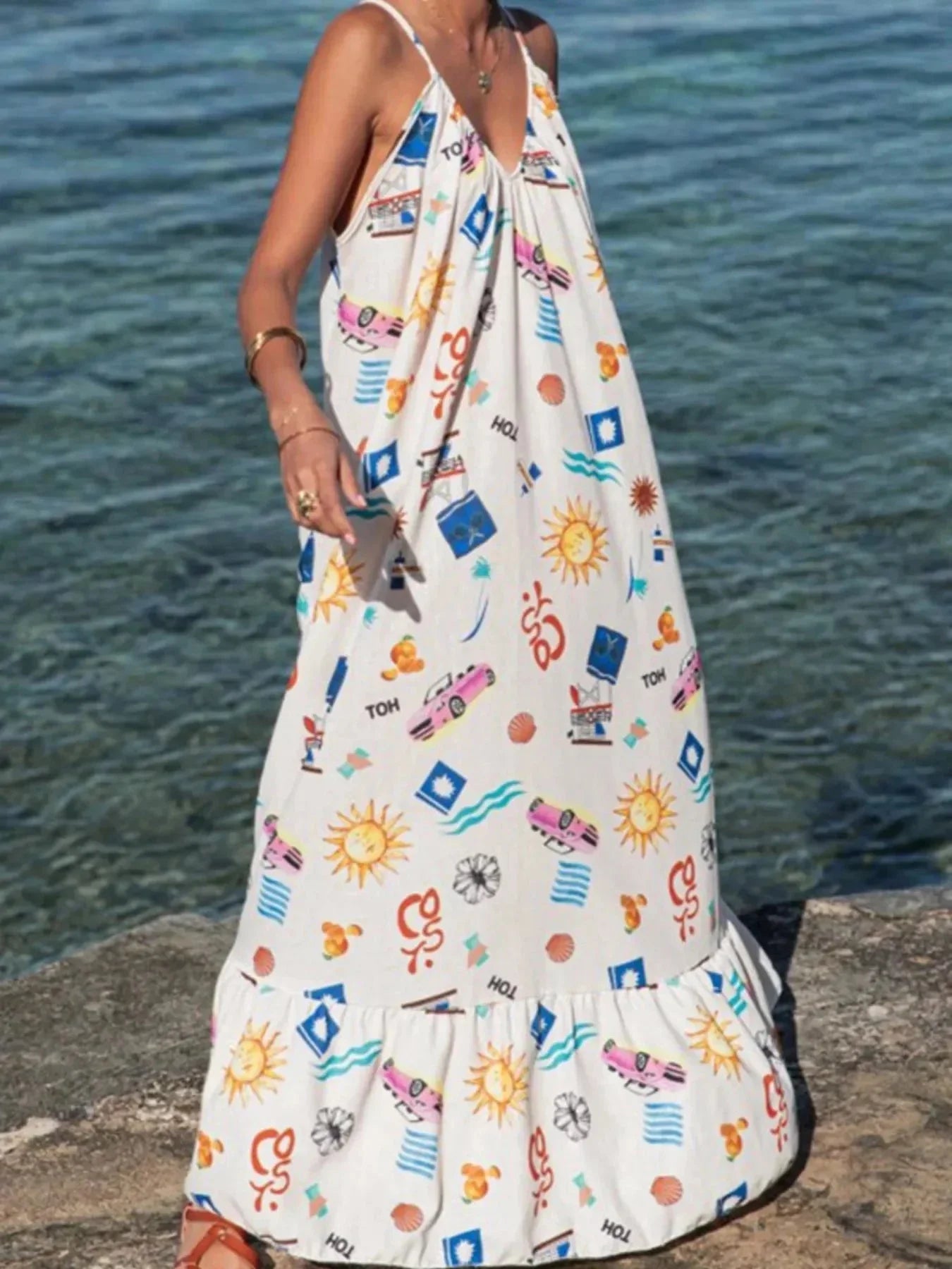 Printed V - neck Summer Maxi Dress - VILLA FASHION