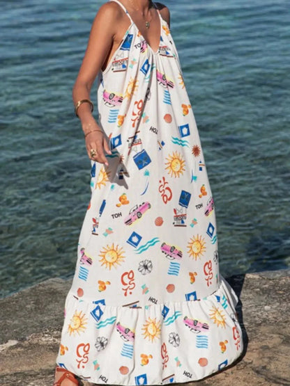 Printed V - neck Summer Maxi Dress - VILLA FASHION