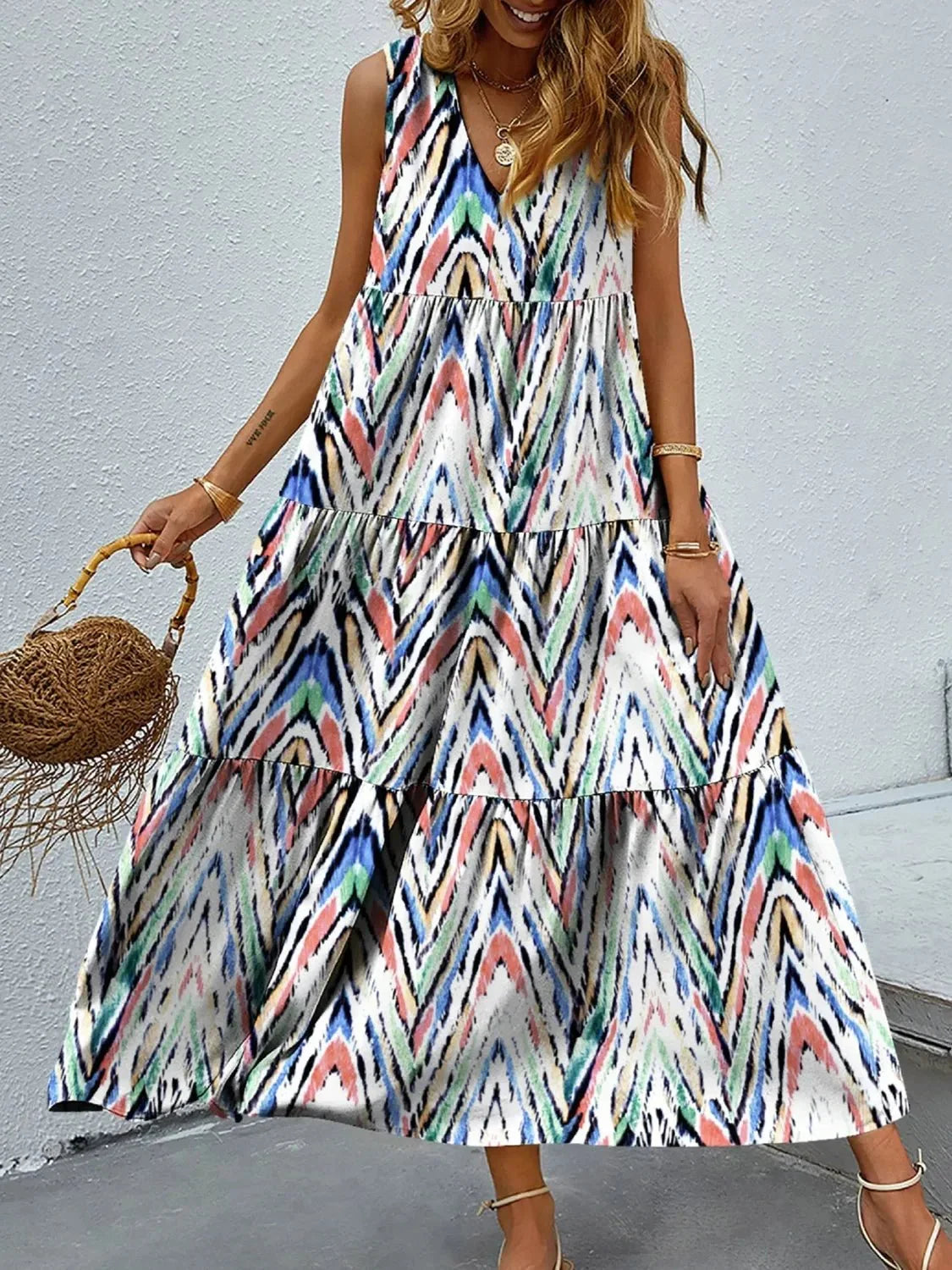 Printed V - Neck Tiered Maxi Tank Dress - VILLA FASHION