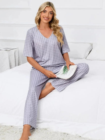 Printed V - Neck Top and Pants Lounge Set - VILLA FASHION