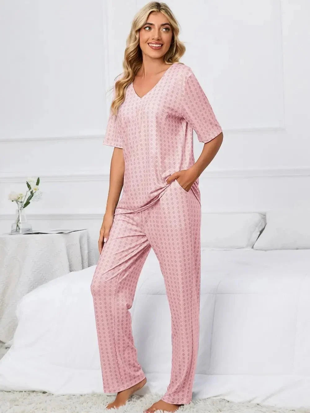 Printed V - Neck Top and Pants Lounge Set - VILLA FASHION