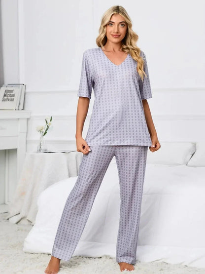 Printed V - Neck Top and Pants Lounge Set - VILLA FASHION