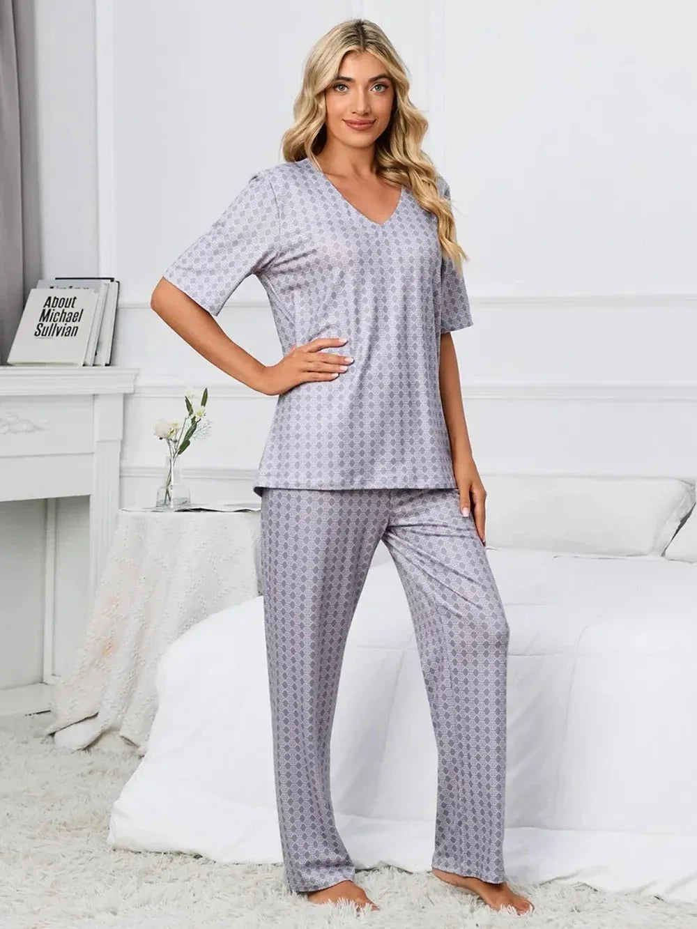 Printed V - Neck Top and Pants Lounge Set - VILLA FASHION