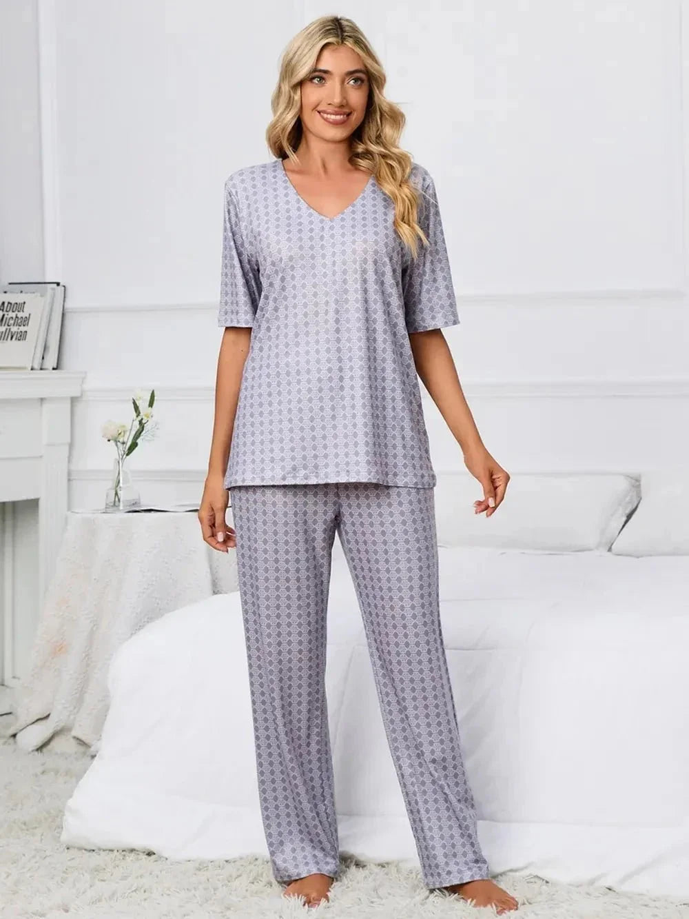 Printed V - Neck Top and Pants Lounge Set - VILLA FASHION