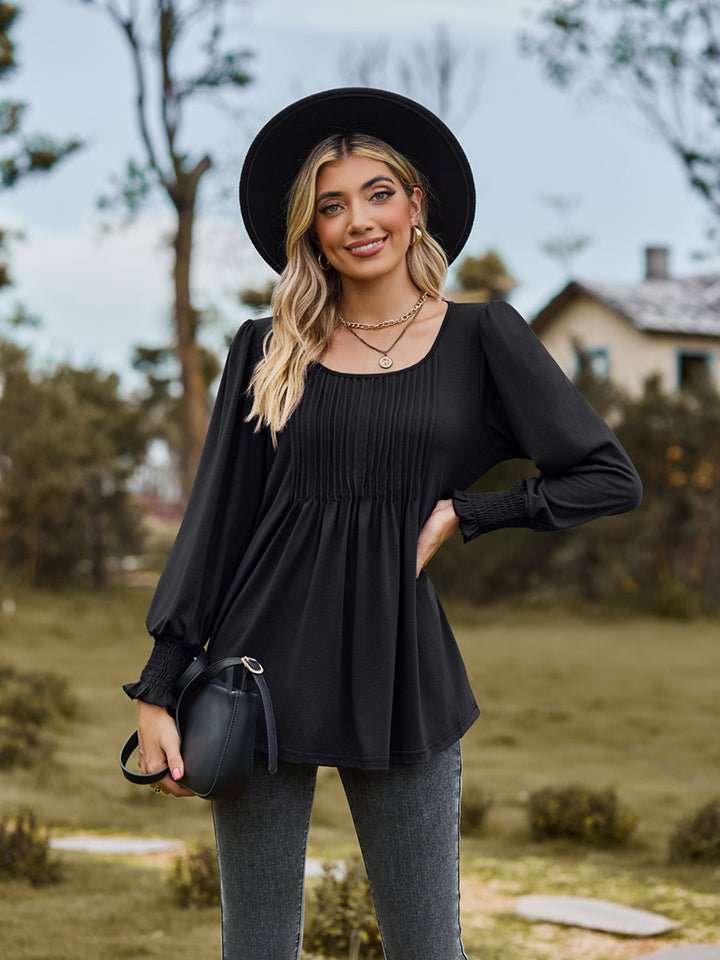 Puff Sleeve Pleated Blouse - VILLA FASHION
