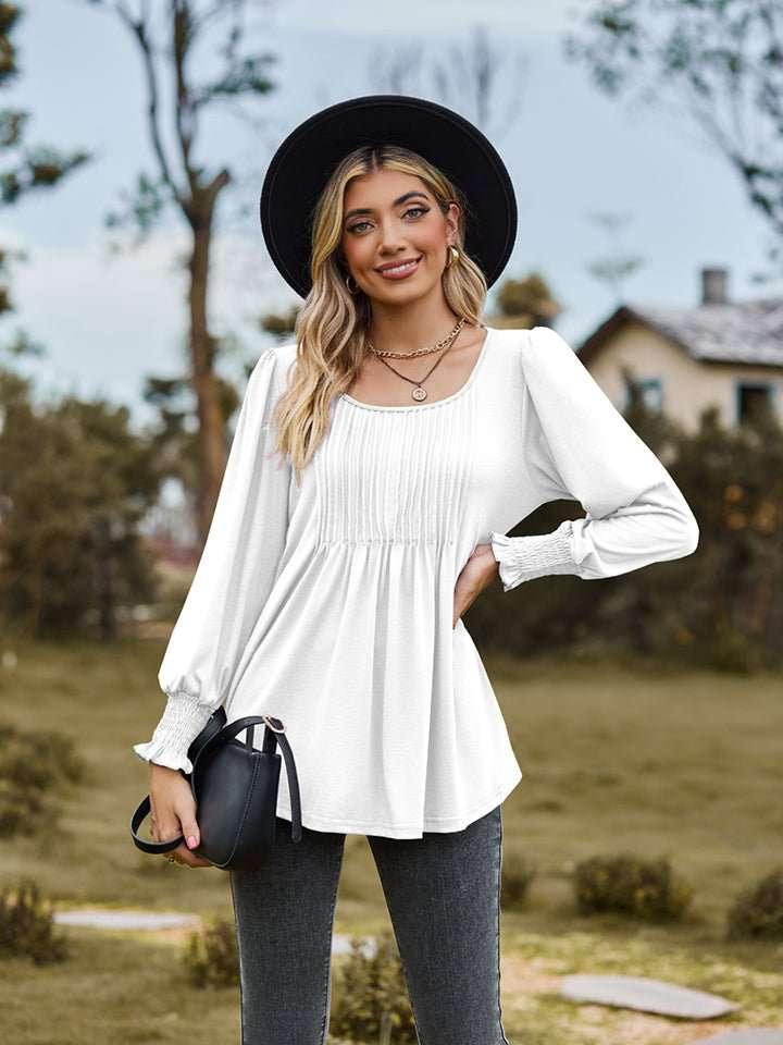 Puff Sleeve Pleated Blouse - VILLA FASHION