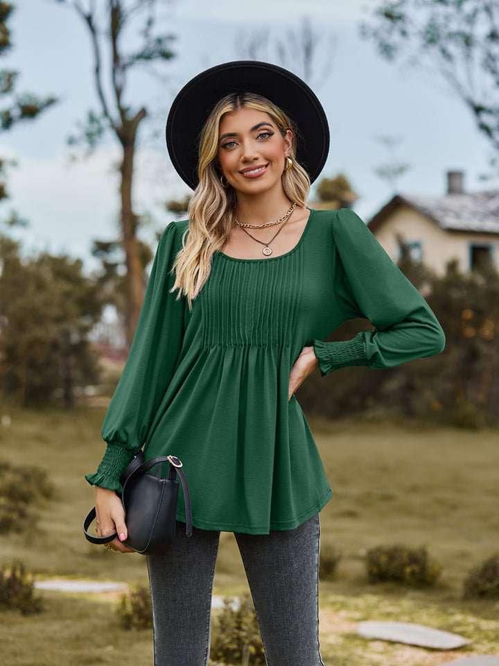 Puff Sleeve Pleated Blouse - VILLA FASHION
