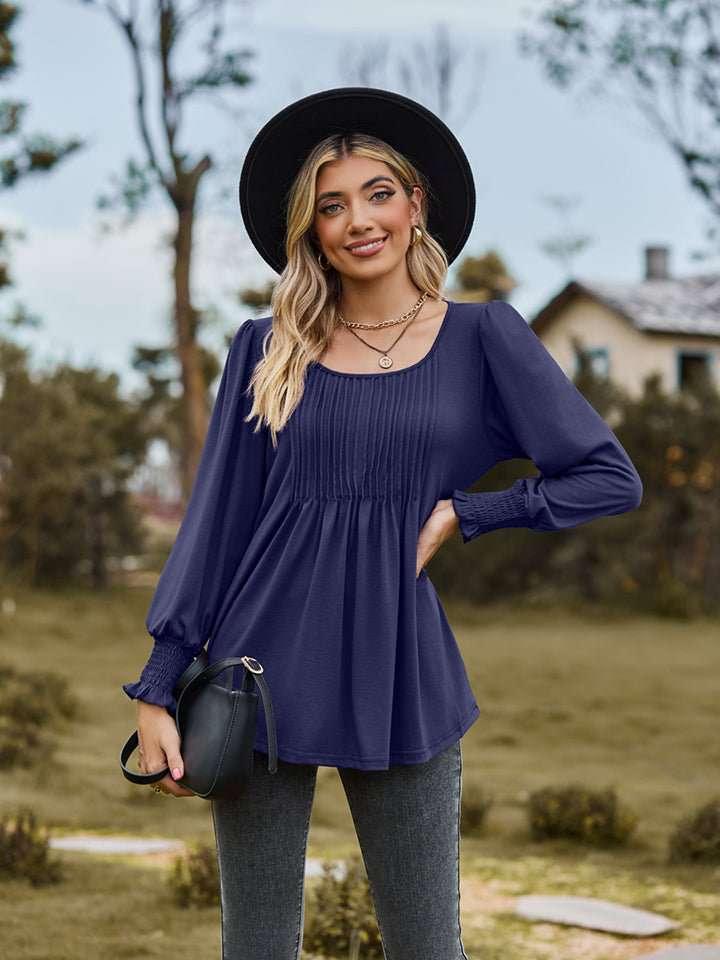 Puff Sleeve Pleated Blouse - VILLA FASHION