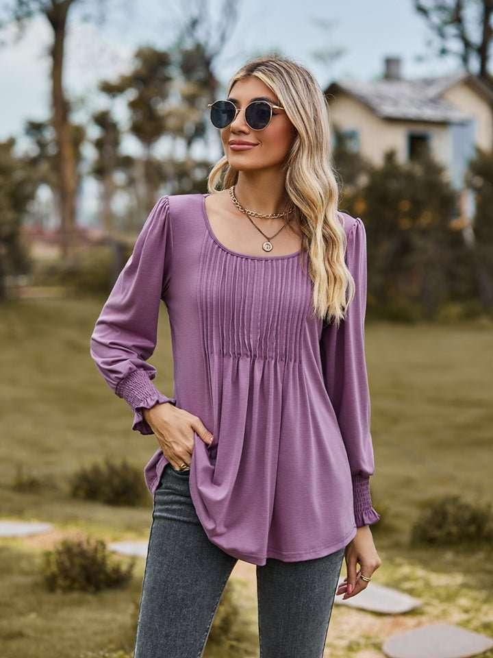 Puff Sleeve Pleated Blouse - VILLA FASHION