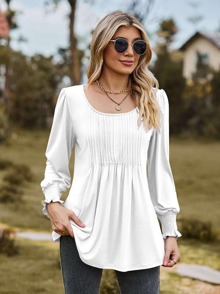 Puff Sleeve Pleated Blouse - VILLA FASHION