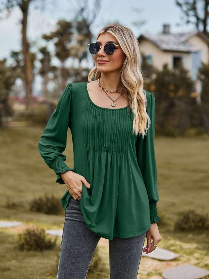 Puff Sleeve Pleated Blouse - VILLA FASHION