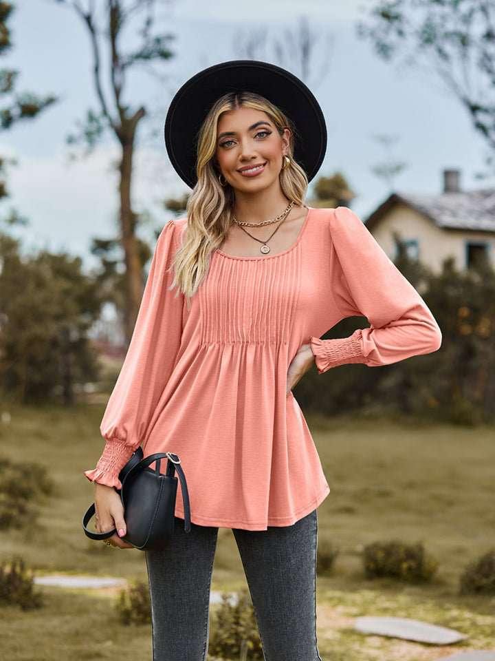Puff Sleeve Pleated Blouse - VILLA FASHION