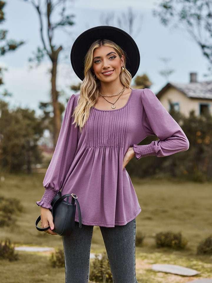 Puff Sleeve Pleated Blouse - VILLA FASHION