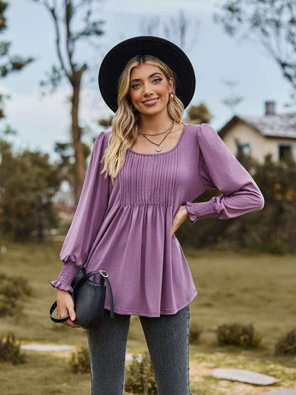 Puff Sleeve Pleated Blouse - VILLA FASHION