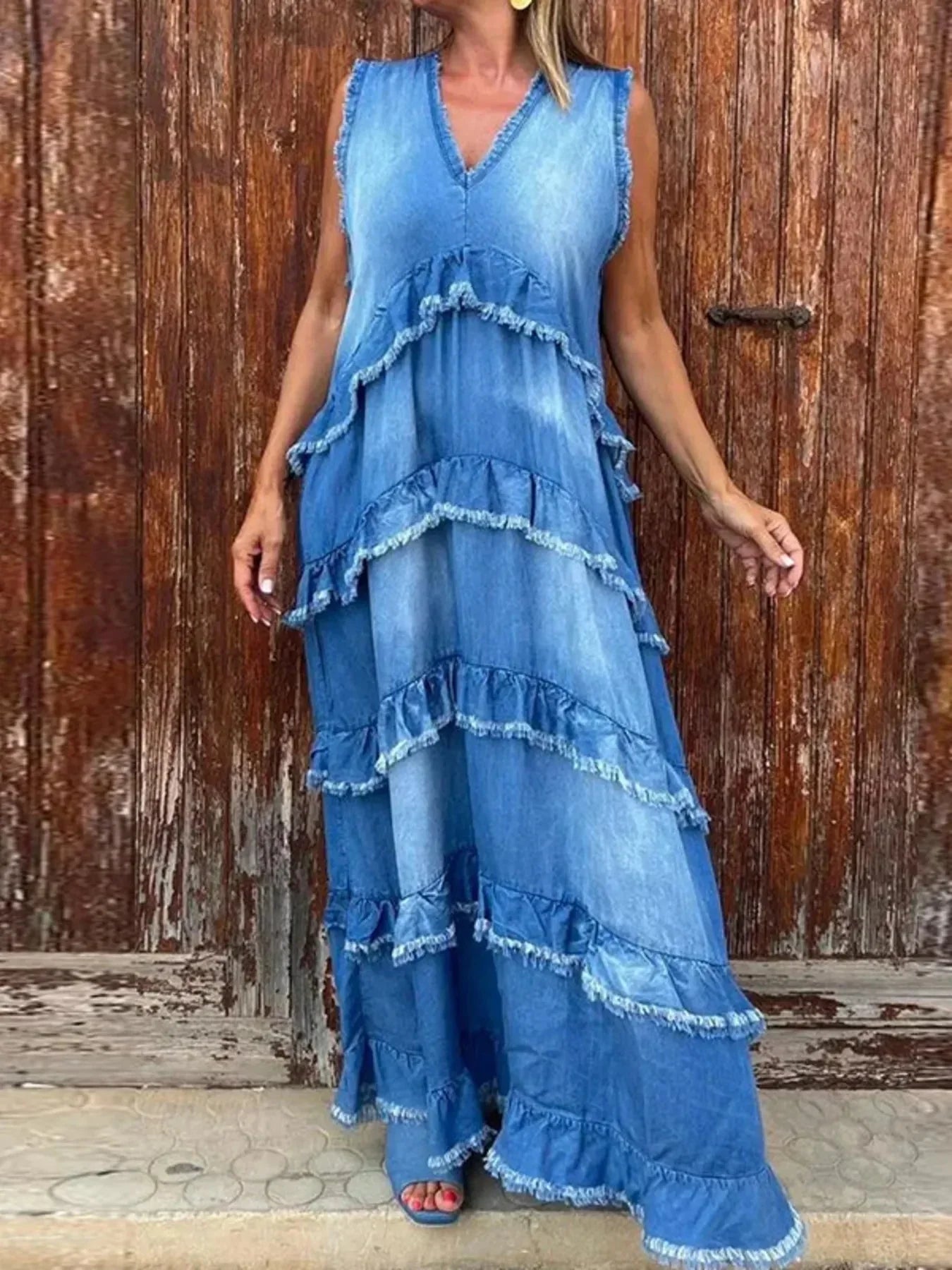 Raw Hem Layered Denim Maxi Dress - VILLA FASHION