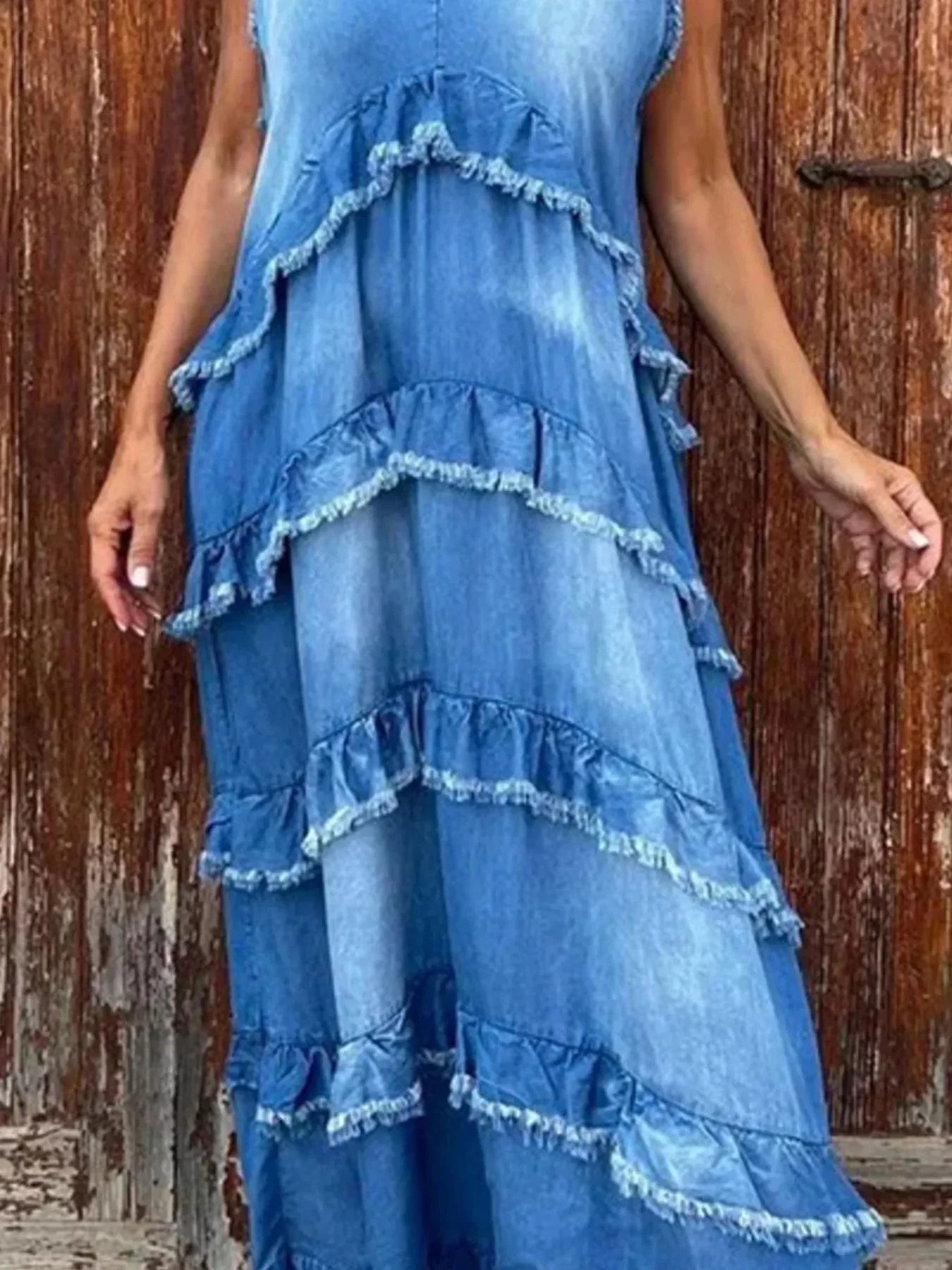 Raw Hem Layered Denim Maxi Dress - VILLA FASHION