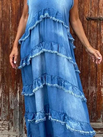 Raw Hem Layered Denim Maxi Dress - VILLA FASHION