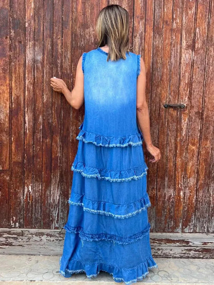 Raw Hem Layered Denim Maxi Dress - VILLA FASHION