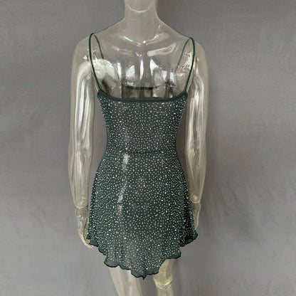 Rhinestone Decor Mini Cami Dress - VILLA FASHION