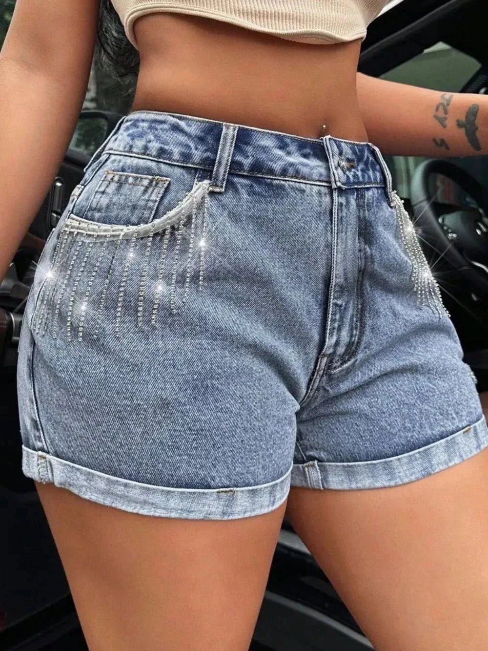 Rhinestone Fringe Denim Shorts - VILLA FASHION