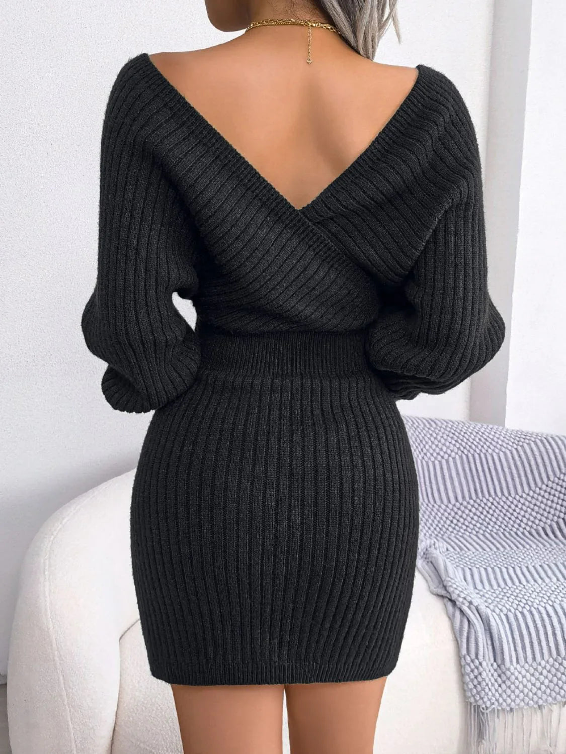 Rib - Knit Dolman Sleeve Sweater Dress - VILLA FASHION