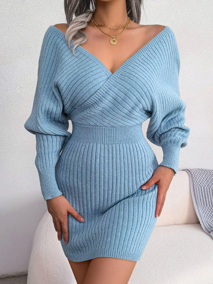 Rib - Knit Dolman Sleeve Sweater Dress - VILLA FASHION