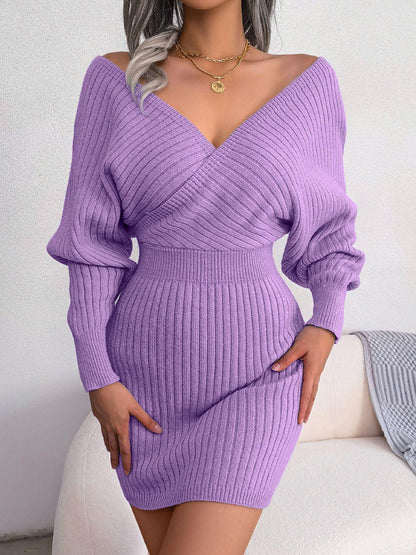 Rib - Knit Dolman Sleeve Sweater Dress - VILLA FASHION