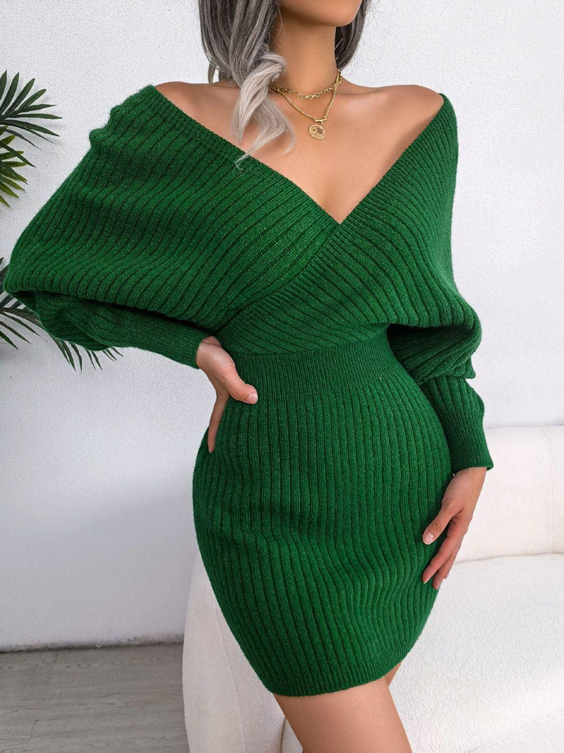 Rib - Knit Dolman Sleeve Sweater Dress - VILLA FASHION