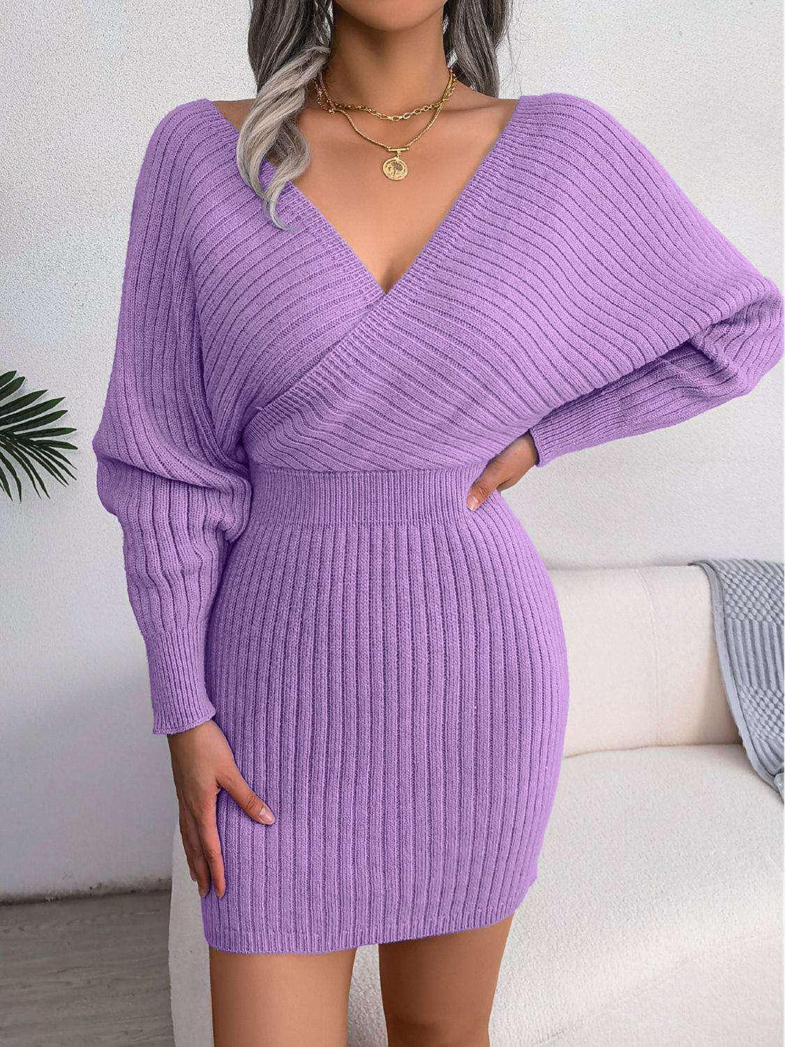 Rib - Knit Dolman Sleeve Sweater Dress - VILLA FASHION