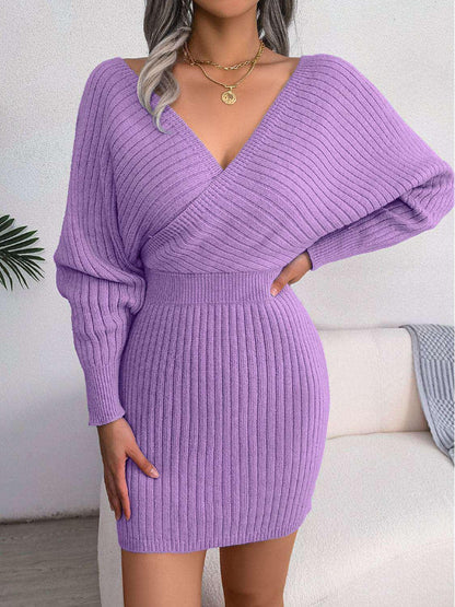 Rib - Knit Dolman Sleeve Sweater Dress - VILLA FASHION