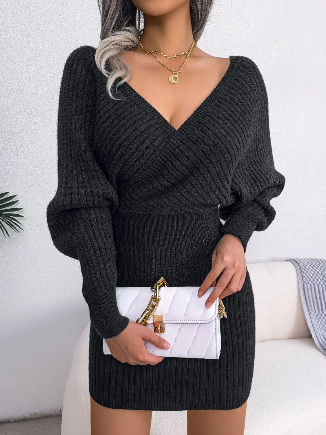 Rib - Knit Dolman Sleeve Sweater Dress - VILLA FASHION