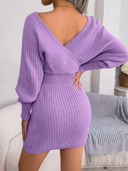 Rib - Knit Dolman Sleeve Sweater Dress - VILLA FASHION